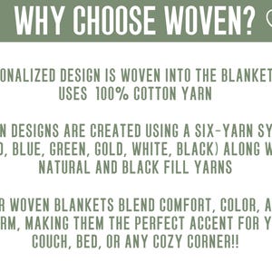May include: Text graphic on a white background with the title "WHY CHOOSE WOVEN?" and a heart symbol. The text describes woven blankets made with 100% cotton yarn and a six-yarn system.