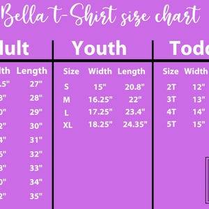 Puede incluir: Un gr&aacute;fico morado con el texto "Bella T-Shirt size chart" en la parte superior. El gr&aacute;fico muestra el tama&ntilde;o, el ancho y la longitud de las camisetas para adultos, j&oacute;venes y ni&ntilde;os peque&ntilde;os. Las medidas est&aacute;n en pulgadas.