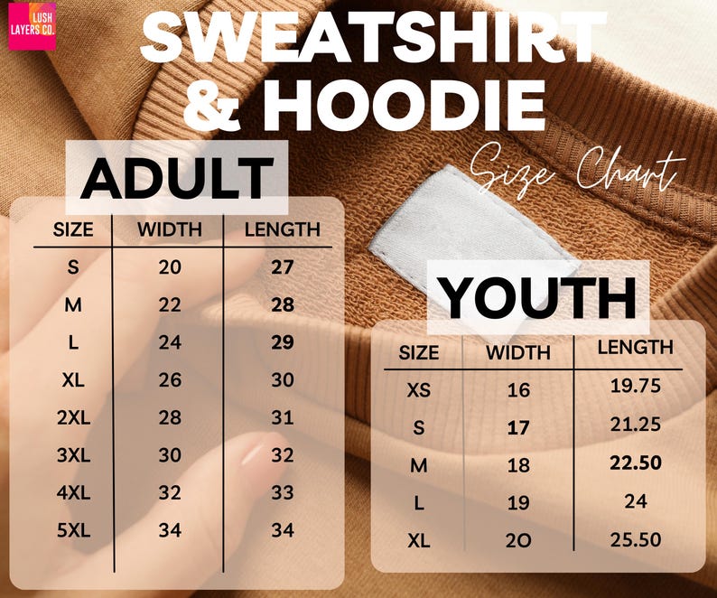 May include: A size chart for sweatshirts and hoodies, with measurements for adult and youth sizes. The adult sizes range from S to 5XL, with widths from 20 to 34 inches and lengths from 27 to 34 inches. Youth sizes range from XS to XL.