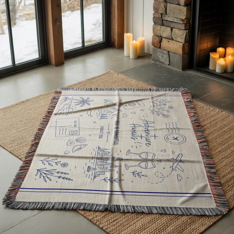 May include: Cream-colored throw blanket with a blue travel-themed design. The blanket features illustrations of a palm tree, landmarks, and the text "Adventure Awaits!" and "Eric & Samantha, 17/08/2016". The blanket has a fringed edge.