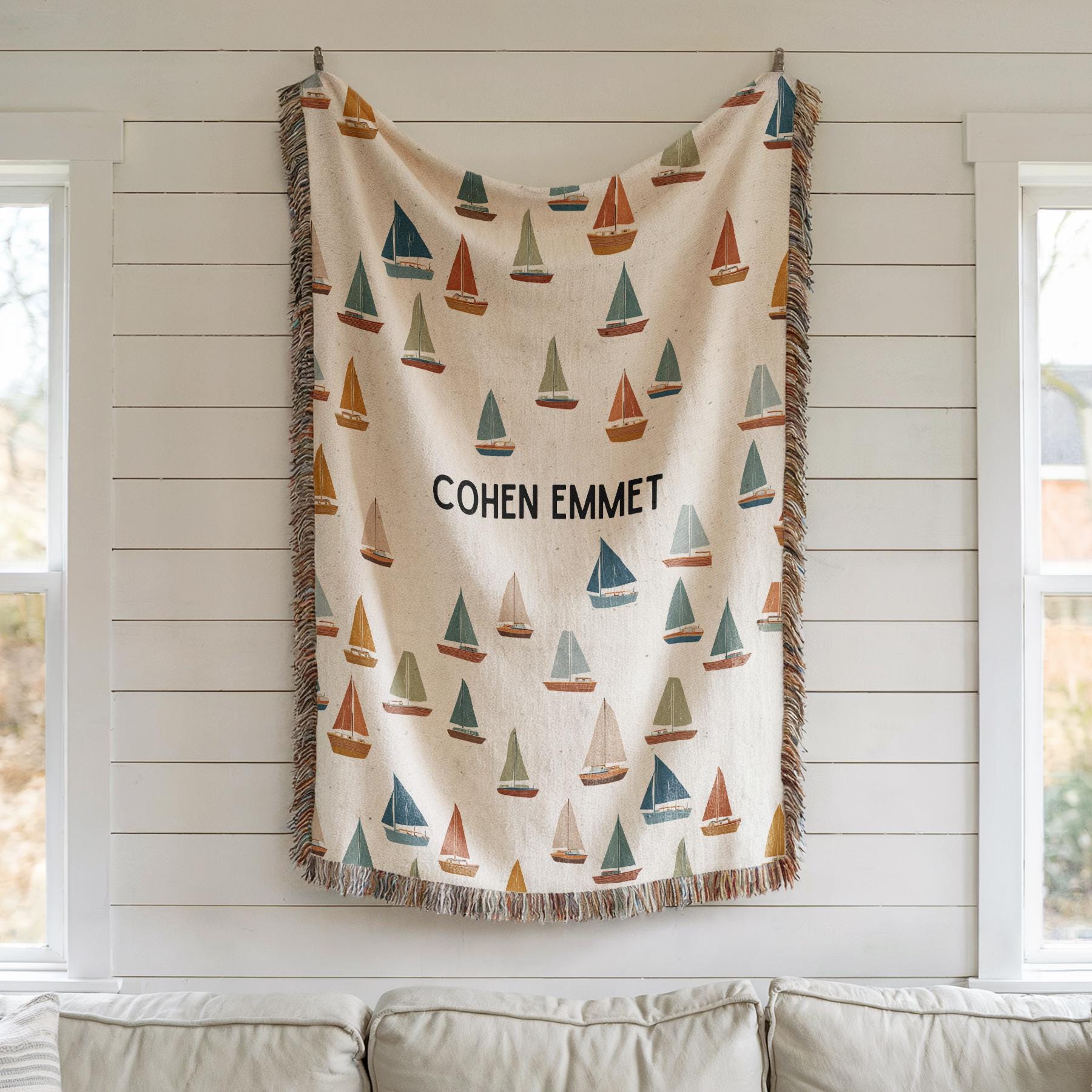 Baby Name Nautical Blanket Personalized Throw, Sailboat Nursery Decor Newborn Boy Girl with Name, Keepsake Custom Nursery Gift, 100% Cotton
