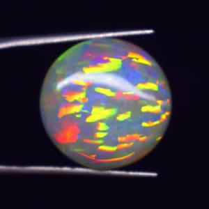 Könnte beinhalten: Ein runder, im Cabochon-Schliff gehaltener Opal-Edelstein mit einer durchscheinenden weißen Basis und lebhaften, mehrfarbigen Blitzen in Rot, Gelb, Grün und Blau. Der Edelstein wird zwischen den zwei dünnen, silberfarbenen Metallspitzen einer Pinzette gehalten.