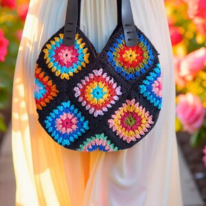 Boho Crochet Bag – Handmade Granny Square Shoulder Purse – Colorful Yarn Tote for Women