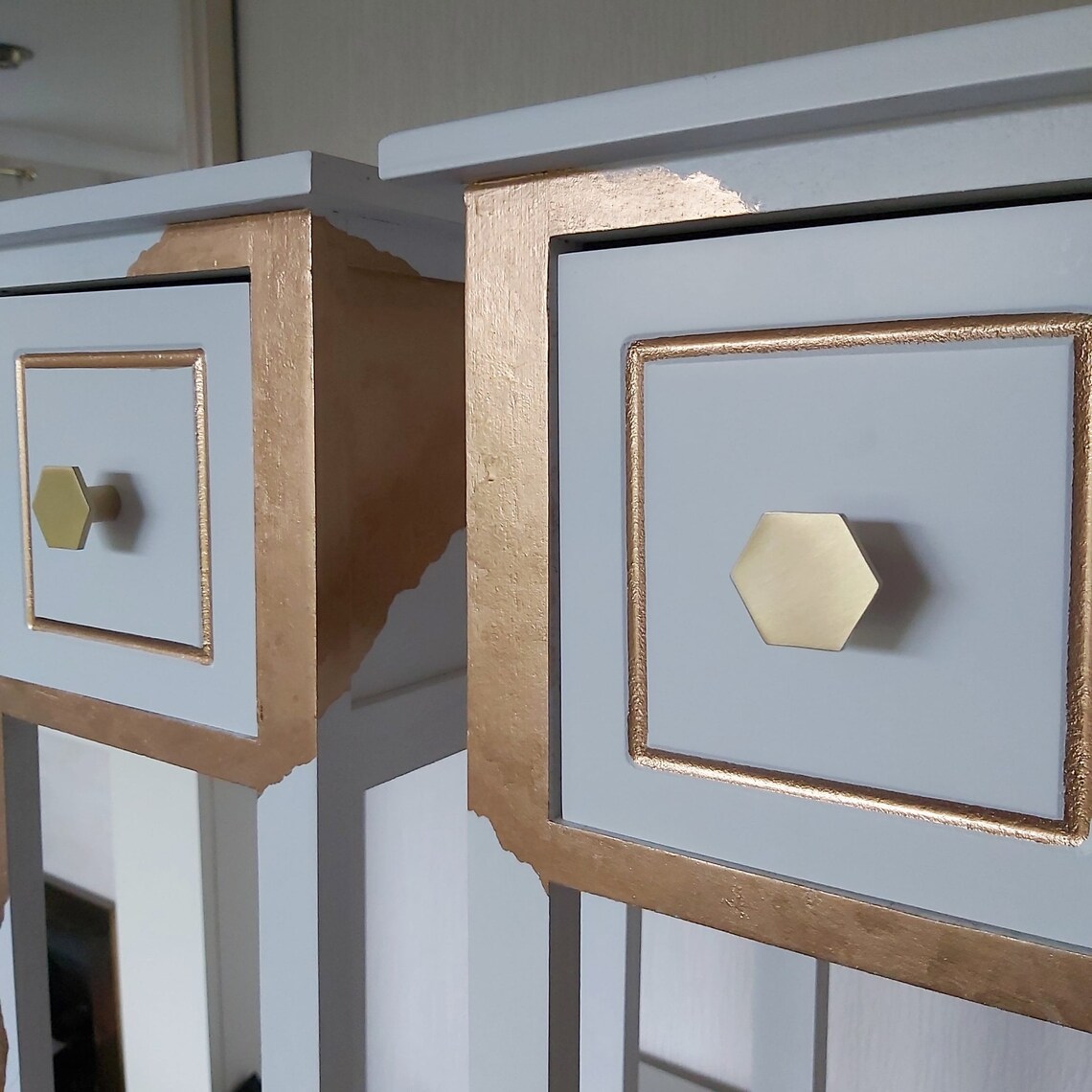 Gold Leaf Hand Painted Bedside Table. White and Gold Bedside Etsy UK