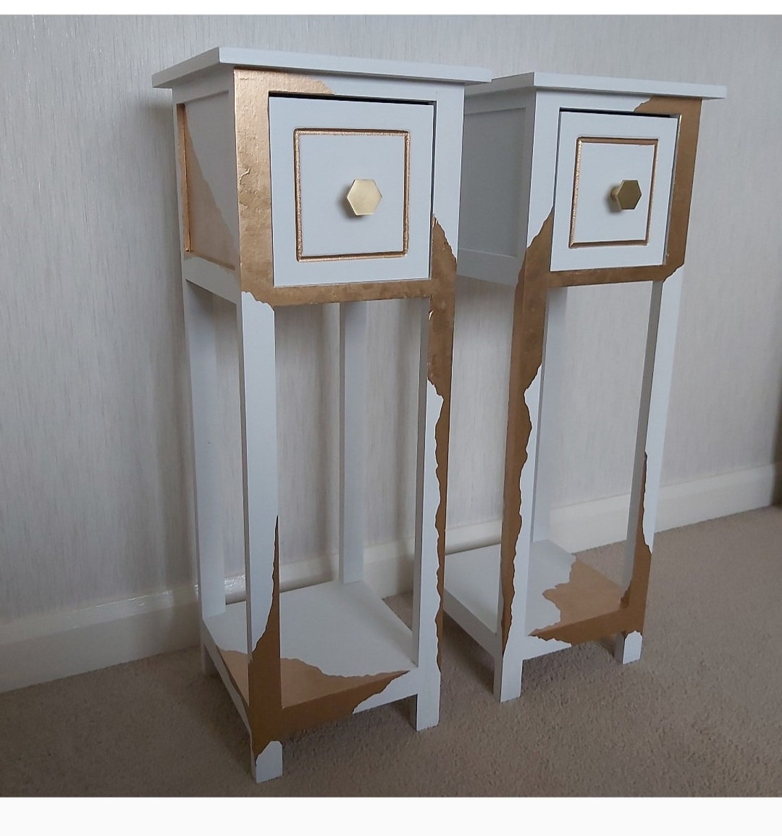 Gold Leaf Hand Painted Bedside Table. White and Gold Bedside Etsy UK