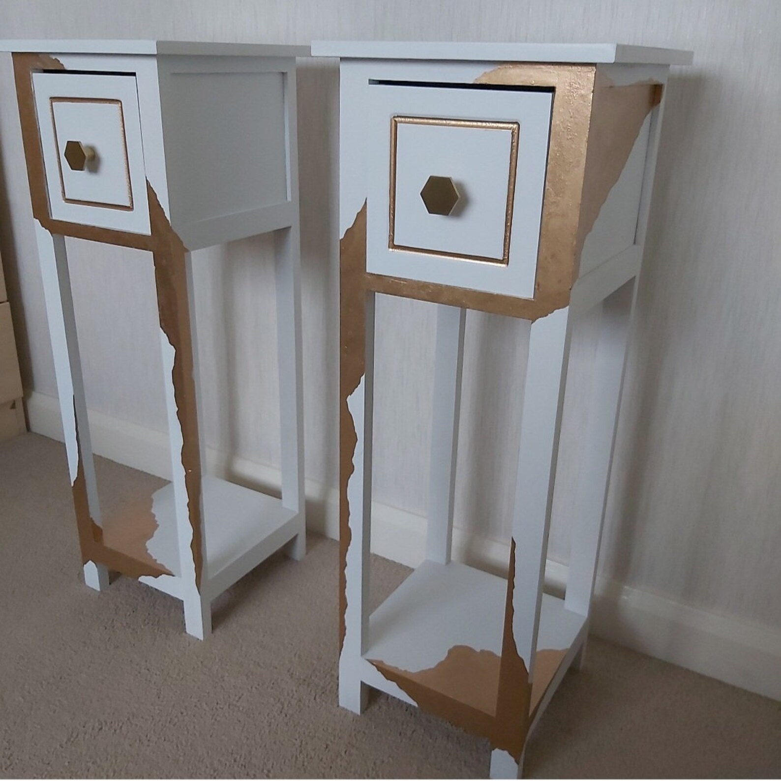 Gold Leaf Hand Painted Bedside Table. White and Gold Bedside Etsy UK