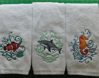 Sea Creature Hand Towel. Embroidered Shark, Clown Fish, or Seahorse.