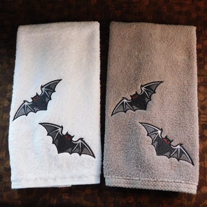 Red-eyed Gray & Black Embroidered Bats on Bathroom/Kitchen Hand Towel