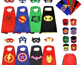 Kids superhero cape, mask ,cuffs avengers ,Marvel characters,onomatopoeia drawstring bag, superhero chocolates