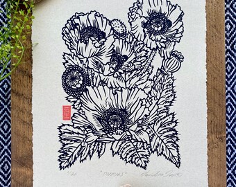 Hand Printed Original "Poppies" Art Linocut Print on Antique Zerkhall Paper