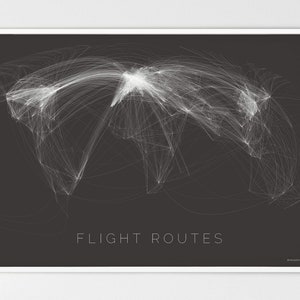 May include: A black and white graphic illustration of flight routes across the globe. The image features a dark gray background with white lines representing flight paths connecting various cities and countries. The text "FLIGHT ROUTES" is displayed at the bottom of the image.