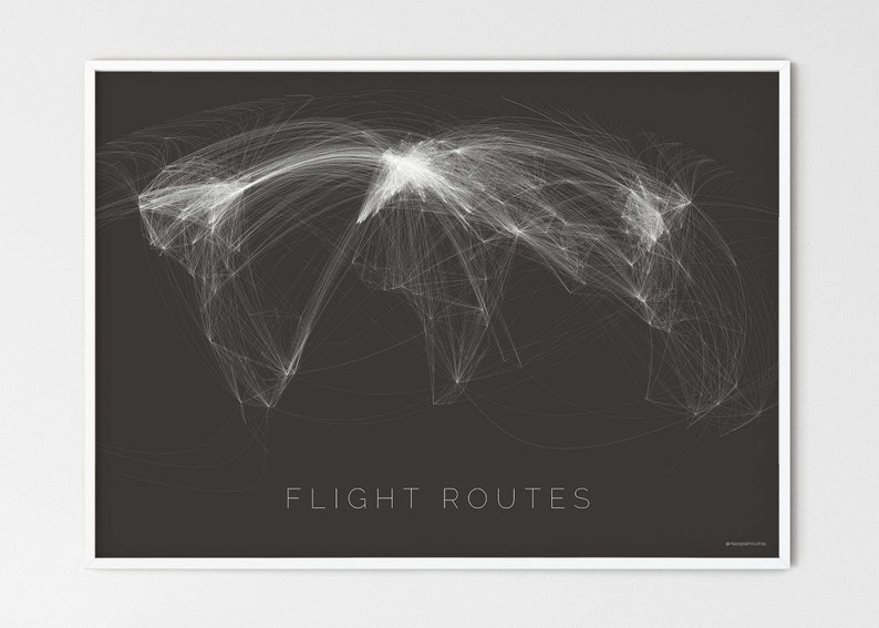 May include: A black and white graphic illustration of flight routes across the globe. The image features a dark gray background with white lines representing flight paths connecting various cities and countries. The text "FLIGHT ROUTES" is displayed at the bottom of the image.