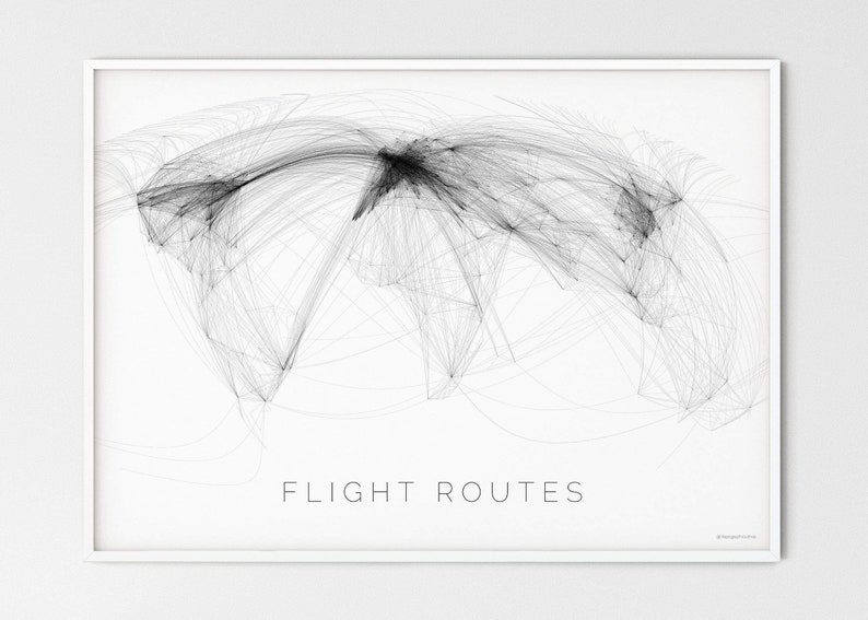 May include: A black and white illustration of flight routes across the globe. The image is titled "FLIGHT ROUTES".