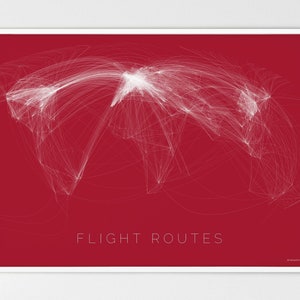 May include: A red background with white lines representing flight routes across the globe. The text "FLIGHT ROUTES" is at the bottom of the image.