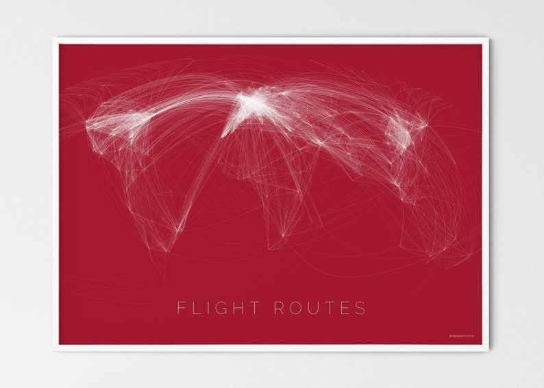 May include: A red background with white lines representing flight routes across the globe. The text "FLIGHT ROUTES" is at the bottom of the image.