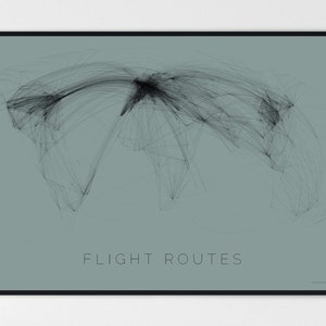 May include: A minimalist poster with a light blue background and a black and white illustration of flight routes across the globe. The text "FLIGHT ROUTES" is centered at the bottom of the poster.
