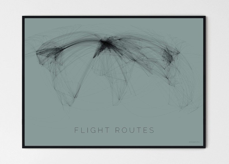 May include: A minimalist poster with a light blue background and a black and white illustration of flight routes across the globe. The text "FLIGHT ROUTES" is centered at the bottom of the poster.