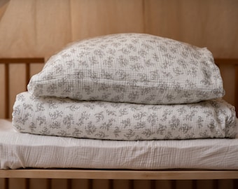 Organic Muslin Floral Duvet Cover and Pillowcase, Boho Kids Bedding