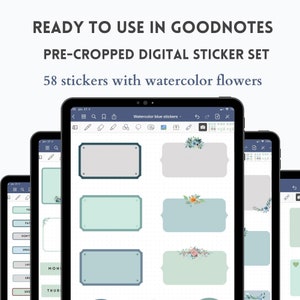 Goodnotes-stickers, digitale stickers, digitale planner, bloemenstickers, blauwe digitale stickers