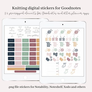 May include: Digital stickers for Goodnotes and other planner apps featuring knitting-themed illustrations. The stickers include yarn balls, knitting needles, and other related icons in various colors. The text "Knitting digital stickers for Goodnotes" and "84 precropped elements for Goodnotes and other planner apps" is visible at the top of the image.