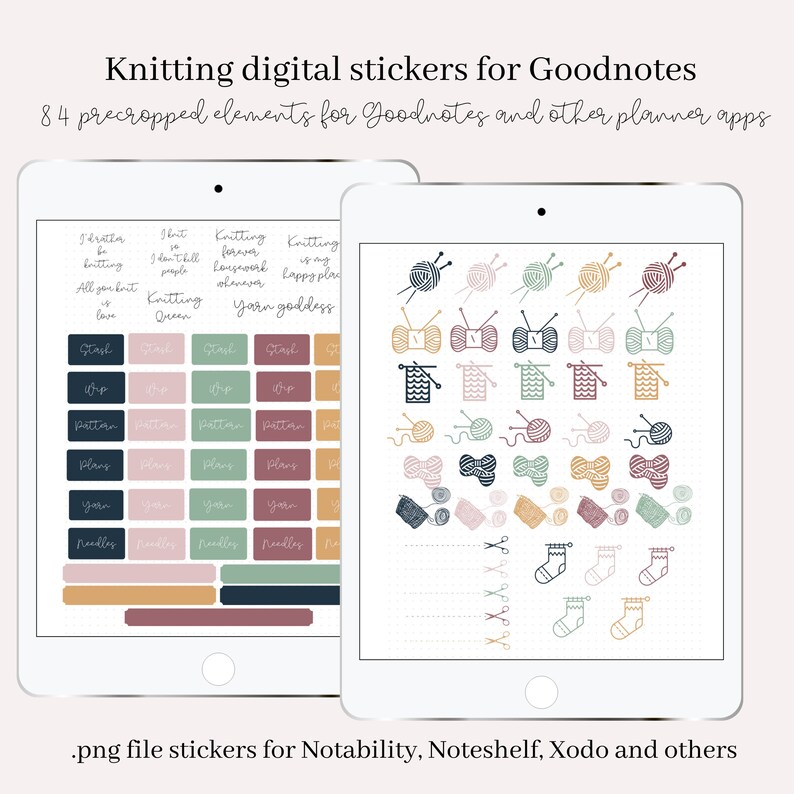 May include: Digital stickers for Goodnotes and other planner apps featuring knitting-themed illustrations. The stickers include yarn balls, knitting needles, and other related icons in various colors. The text "Knitting digital stickers for Goodnotes" and "84 precropped elements for Goodnotes and other planner apps" is visible at the top of the image.