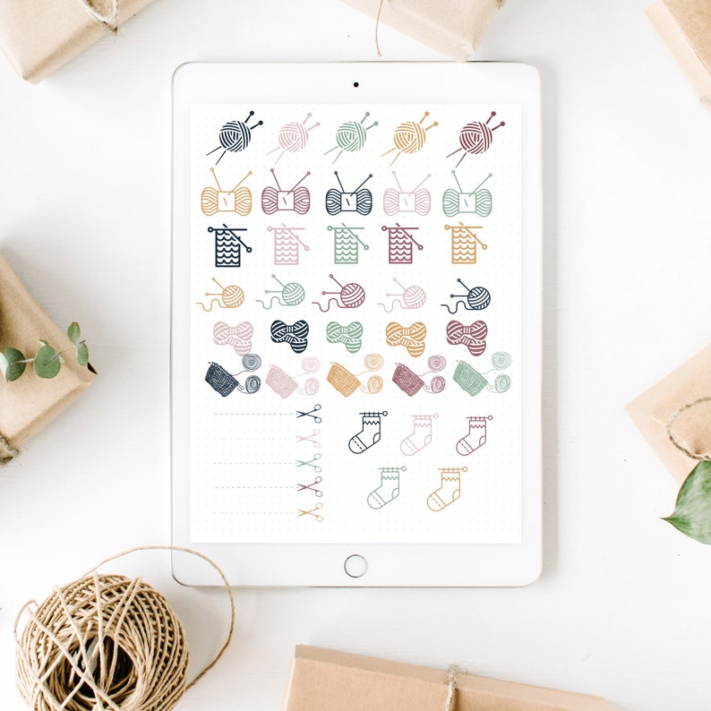 May include: A digital planner page with a variety of hand-drawn illustrations of yarn balls, knitting needles, and socks in various colors. The page is designed for tracking knitting projects.