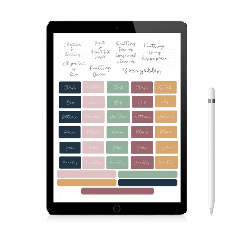 May include: A digital tablet screen displaying a set of colorful digital stickers for organizing knitting projects. The stickers are labeled with words like "stash", "wip", "pattern", "plans", "yarn", and "needles".