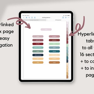 May include: A digital tablet displaying a knitting planner with a hyperlinked index page and tabs for easy navigation. The index page features a list of sections with color-coded icons, including "stash", "wish list", "needles", "pattern library", "notes", "abbreviations", "UFO", and "gifts".