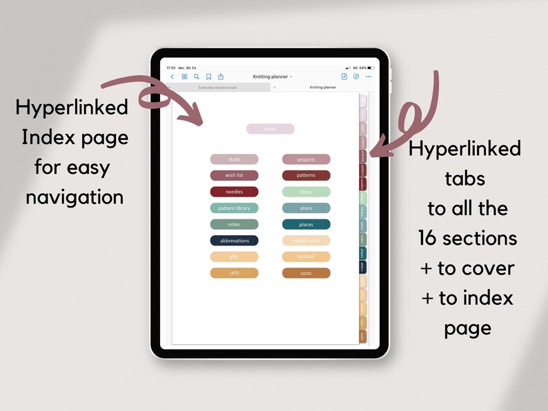 May include: A digital tablet displaying a knitting planner with a hyperlinked index page and tabs for easy navigation. The index page features a list of sections with color-coded icons, including "stash", "wish list", "needles", "pattern library", "notes", "abbreviations", "UFO", and "gifts".