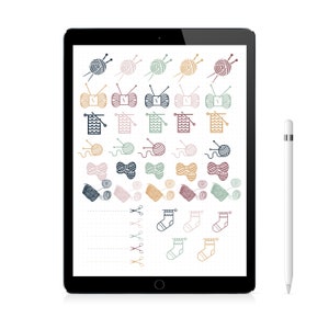 May include: A digital tablet screen displaying a variety of colorful knitting-themed icons, including yarn balls, needles, and socks. The icons are arranged in a grid pattern on a white background. A white stylus is positioned to the right of the tablet.