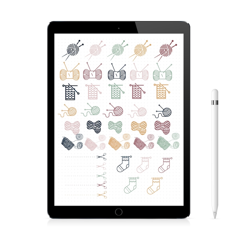May include: A digital tablet screen displaying a variety of colorful knitting-themed icons, including yarn balls, needles, and socks. The icons are arranged in a grid pattern on a white background. A white stylus is positioned to the right of the tablet.