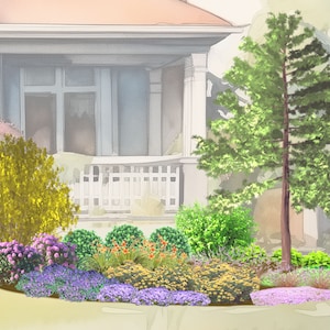 May include: A watercolor illustration of a house with a front porch and a garden. The garden features a variety of plants, including a tall green tree, yellow flowering bushes, purple flowering bushes, and green shrubs.