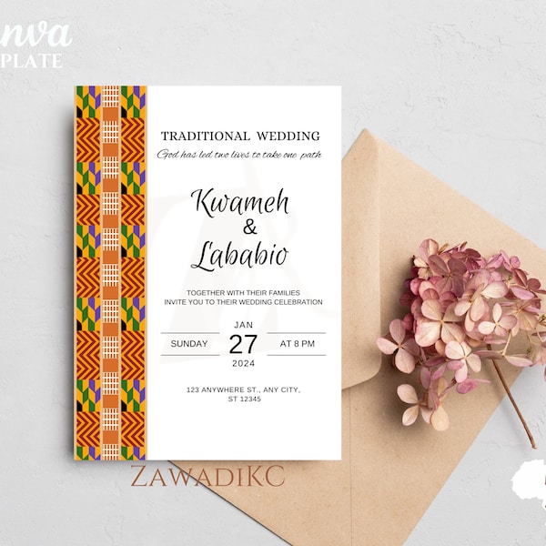 Ghanaian Invitation template, African Party Invite, Kente Wedding Invitation, Orange African Invite, African Save the Date, African wedding