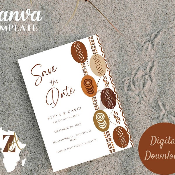 Enregistrez le modèle de date, faire-part de mariage africain, enregistrez les cartes de date, invitation africaine, modèle d'invitations brunes, invitations africaines