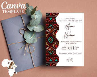 Modèle d'invitation de mariage et de chronologie, ordre des événements, invitation de mariage africain, invitation de mariage modifiable dans Canva, modèle d'invitation de mariage