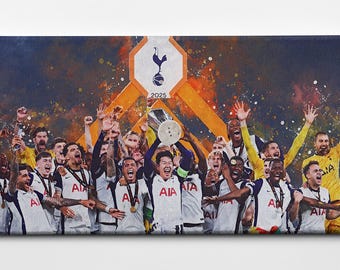 May include: Canvas print featuring a team of athletes celebrating a victory, holding a trophy aloft. The image has a painterly style with a dark blue and orange background. The team is wearing white and navy uniforms. The year 2025 is visible.