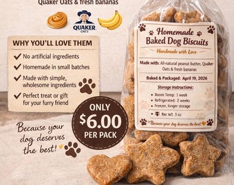 Biscotti per cani fatti in casa, al forno, con burro di arachidi naturale, fiocchi d'avena Quaker, banane fresche e biscotti a forma di cuore e stella.