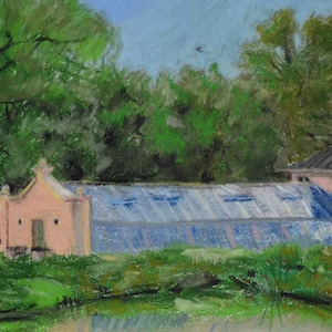 May include: Pastel artwork of a building with a glass roof and light pink walls, set amidst lush green trees and foliage. The artwork depicts a serene landscape with a body of water in the foreground and a blue sky.