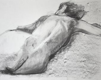 ORIGINALE unikate Akt Zeichnung Körper Frau Rücken in Kohle, schwarz - weiß, auf Papier, klassisch, Nudeart, 15,7 x 23,6 inch