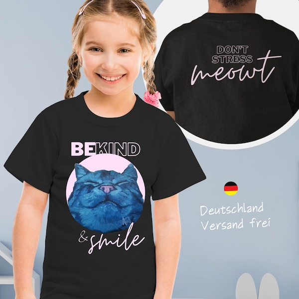 Kinder t-Shirt mit blauer Katze | lächelnde Katze | für Katzenkinder  & Katzenmama