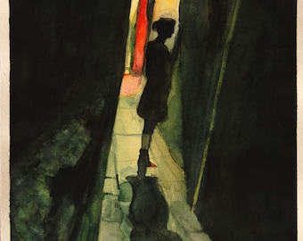 Original Aquarell Mädchen in der Gasse, 40x30, hochwertiges Aqurellpapier