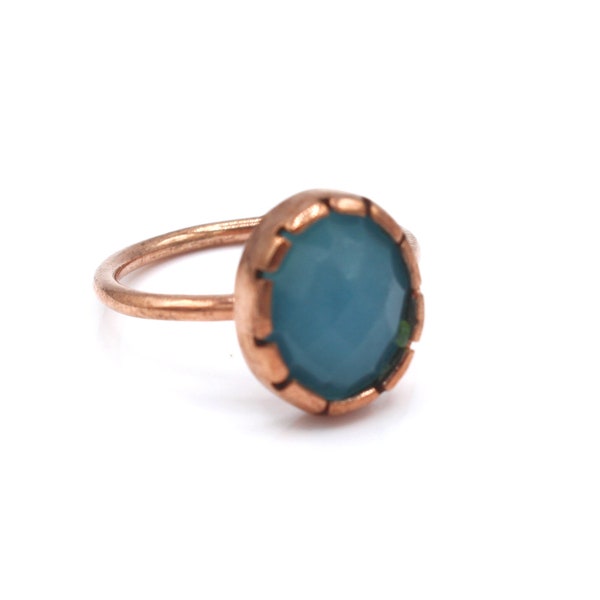 Blue Chalcedony Ring, Cup Setting Ring, Boho Ring, Rose Gold Plated Brass Ring, Adjustable Ring, Jewellery, Gift For Her