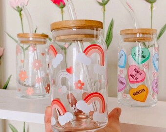 Cute rainbow glass cup, Aesthetic Coffee Glass, glass can rainbow daisy, Iced coffee cup cute cups with lid and straw trendy cup, cute glass
