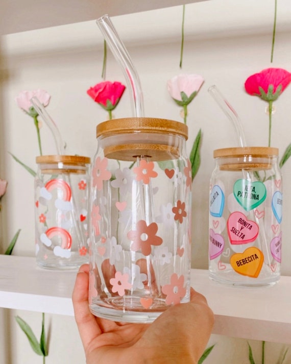Aesthetic Coffee Glass, aesthetic cup flower, Cute glass cup, cute flower cup, Iced coffee cup, Cute flower drink cup, cute glass with lid