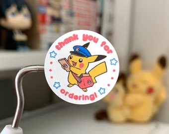 Thank you Labels Round Stickers for Small Business - Special Delivery Pikachu
