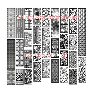 Puede incluir: Una colección de 36 dibujos vectoriales en blanco y negro de intrincados patrones geométricos y florales. Los patrones están dispuestos en una cuadrícula y son adecuados para usar como decoración de pared. El texto "Wall art Decor vector drawing" y "dwg - dxf - cdr - pdf" se incluye en la imagen.