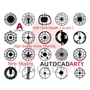 May include: A set of 20 black and white clock face designs. The designs are for wall clocks and are in a variety of styles. The text "Wall Clock Bundle (20 pcs)" is at the top of the image. The text "High Quality Vector Drawing" is in the middle of the image. The text "New Models AUTOCADARTY" is at the bottom of the image.