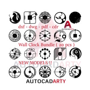 May include: A set of 20 black and white clock designs. The designs are geometric, abstract, and some include numbers. The text "Wall Clock Bundle (20 pcs)" and "NEW MODELS!!" are included in the image.