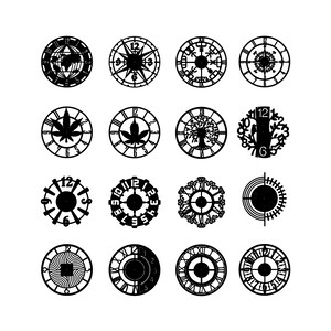 May include: Set of 16 black and white clock face designs. The designs include a compass, a tree, a leaf, and geometric patterns.