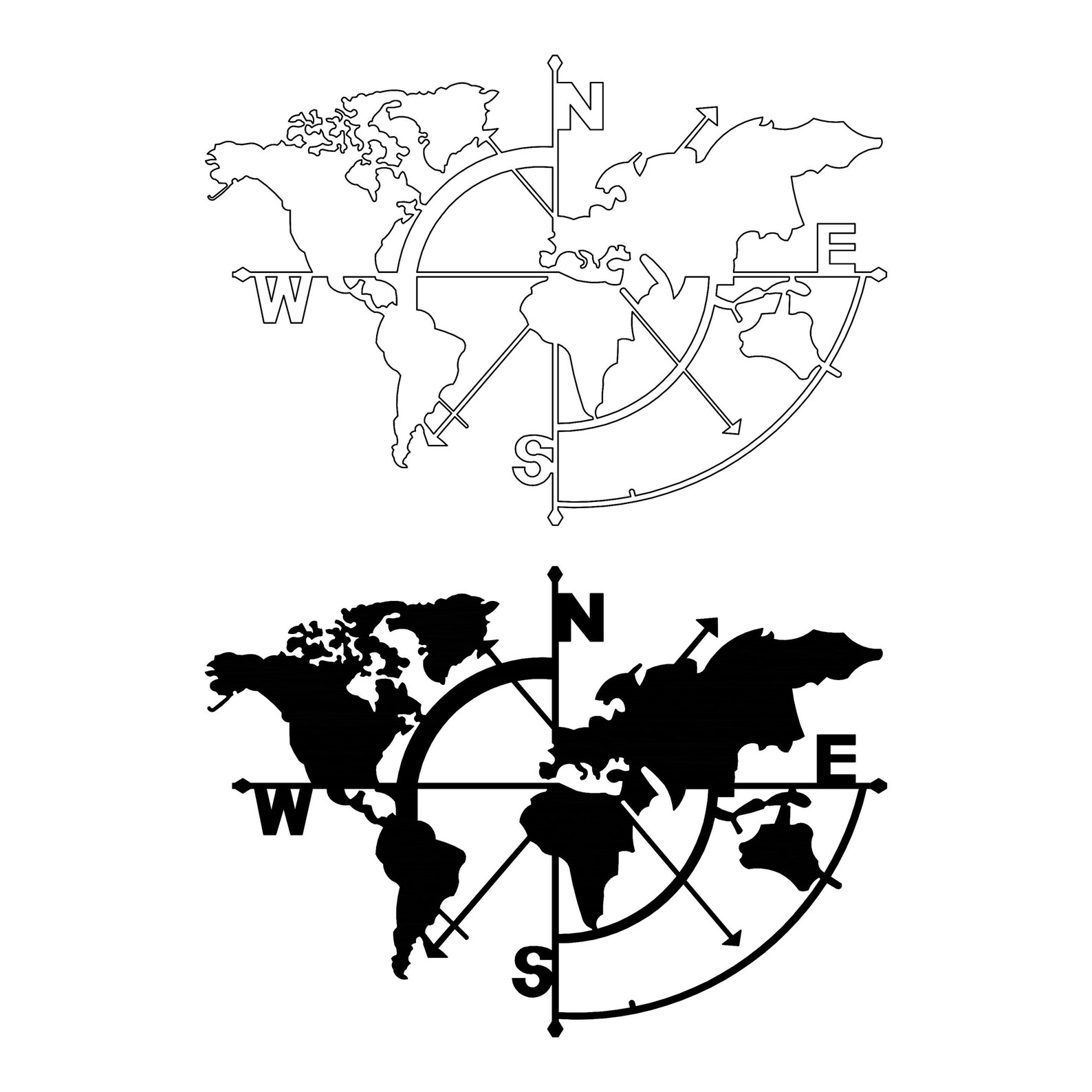 World Map Compass Detailed Autocad Drawing Dxf Dwg Etsy